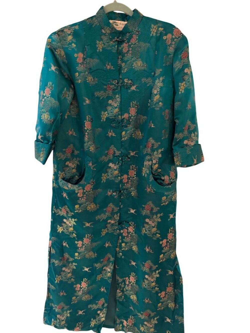 Vintage Womens Jacquard Duster Robe Jacket Floral Size Large Green Satin Lounge